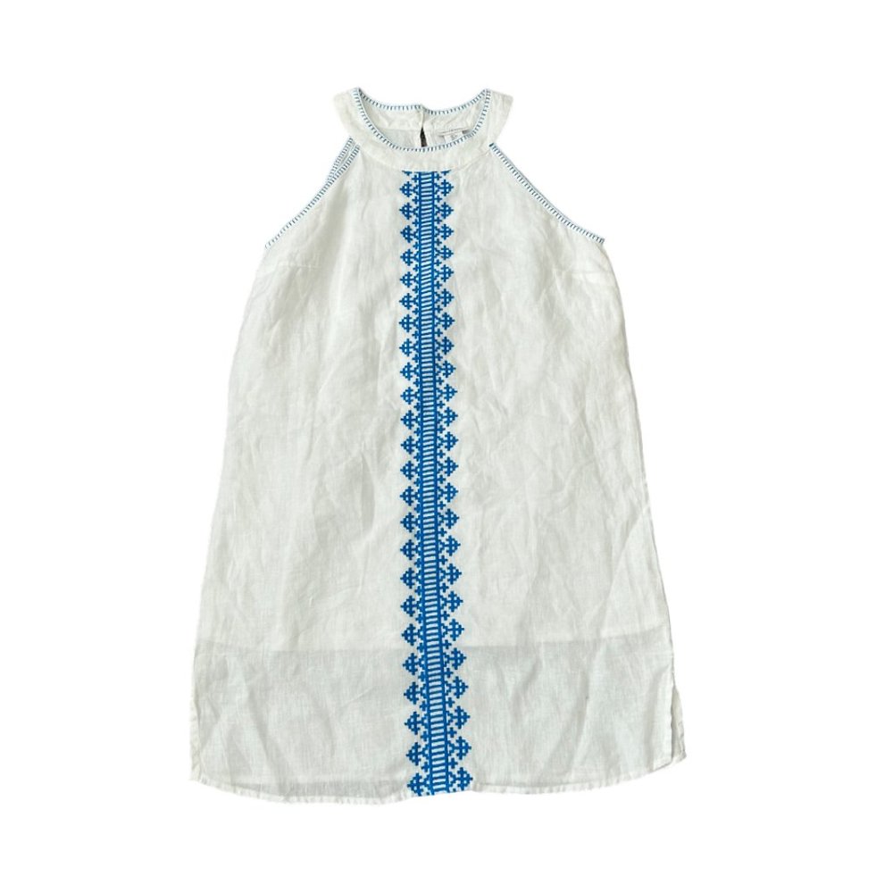 Lucky Brand Linen Halter Lined Dress Size Small S Embroidered White and Blue